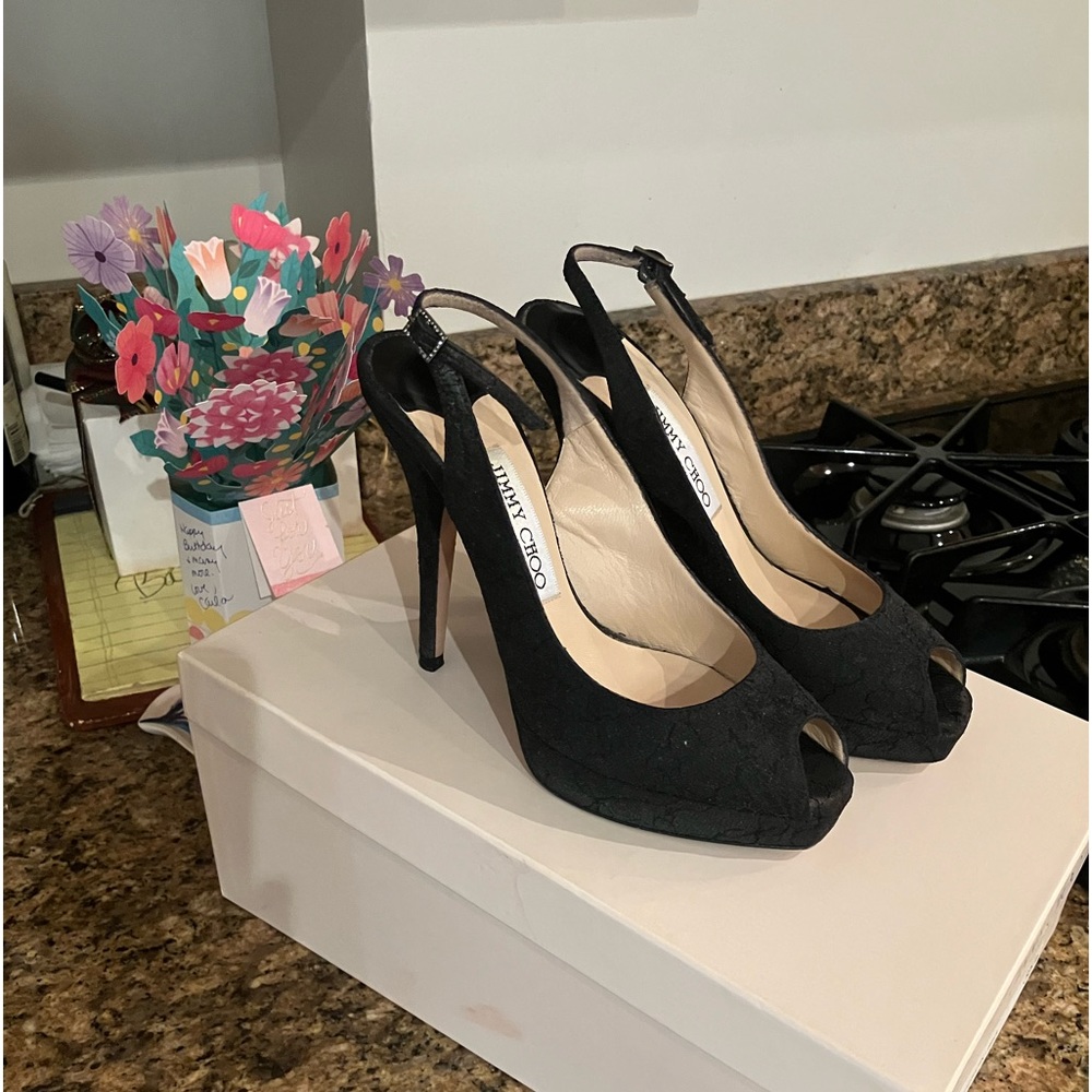Jimmy Choo platform sling heels. Black silk with lace overlay.